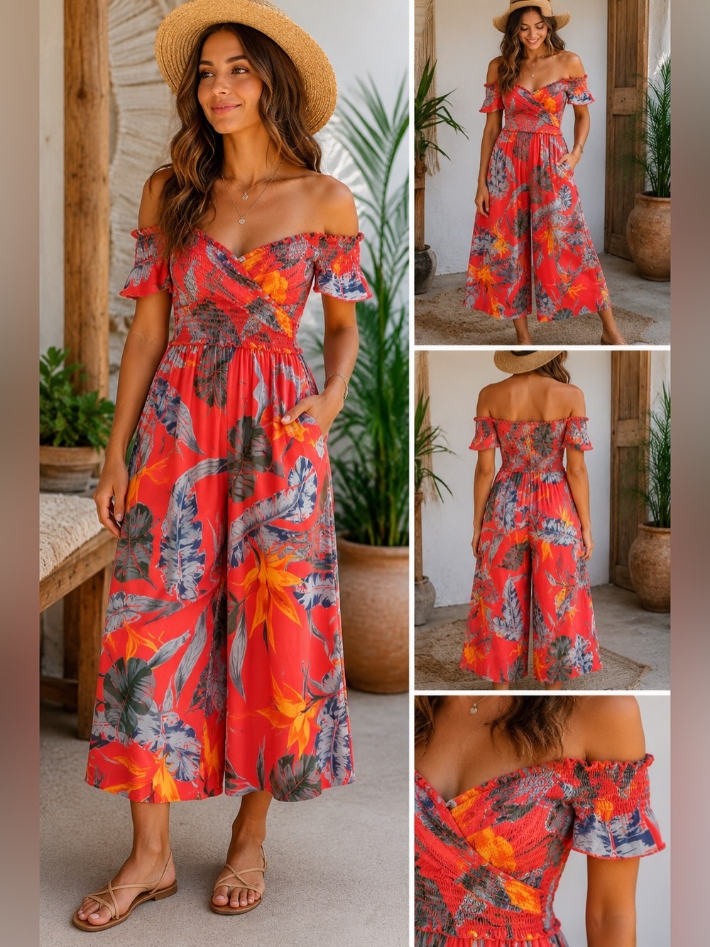 Patrons of Peace Red Floral Off-Shoulder Wide-Leg Jumpsuit